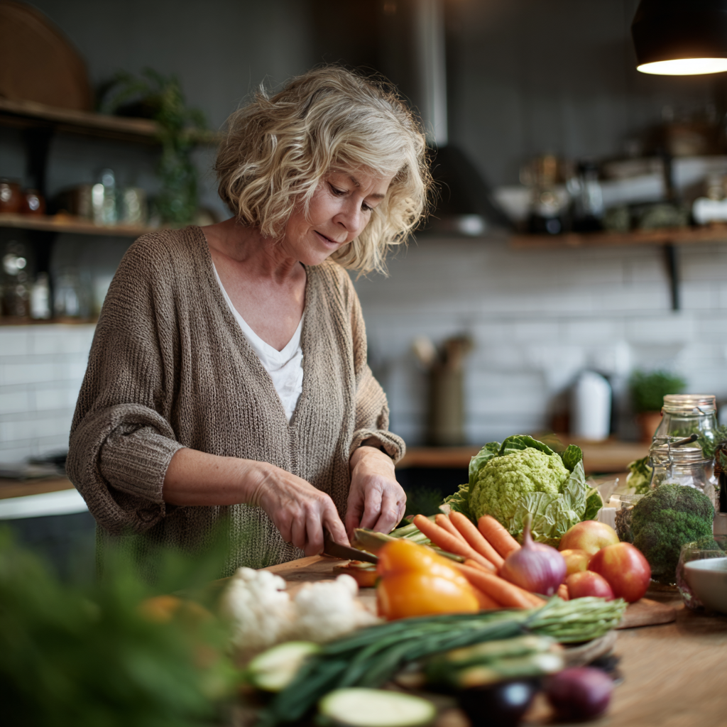50 years old woman preparing healthy vegetables and fruits in modern kitchen