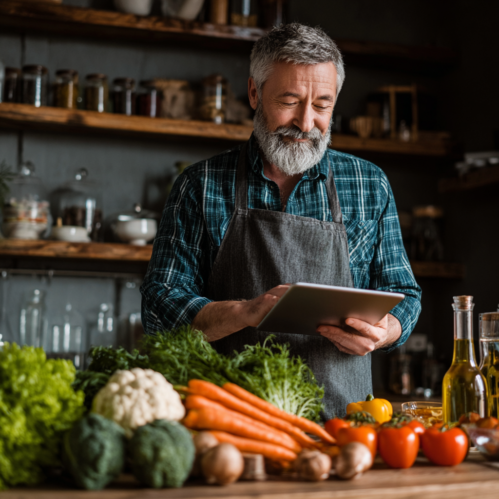 51 years old adult reviewing personalized nutrition plan on tablet with healthy meal ingredients