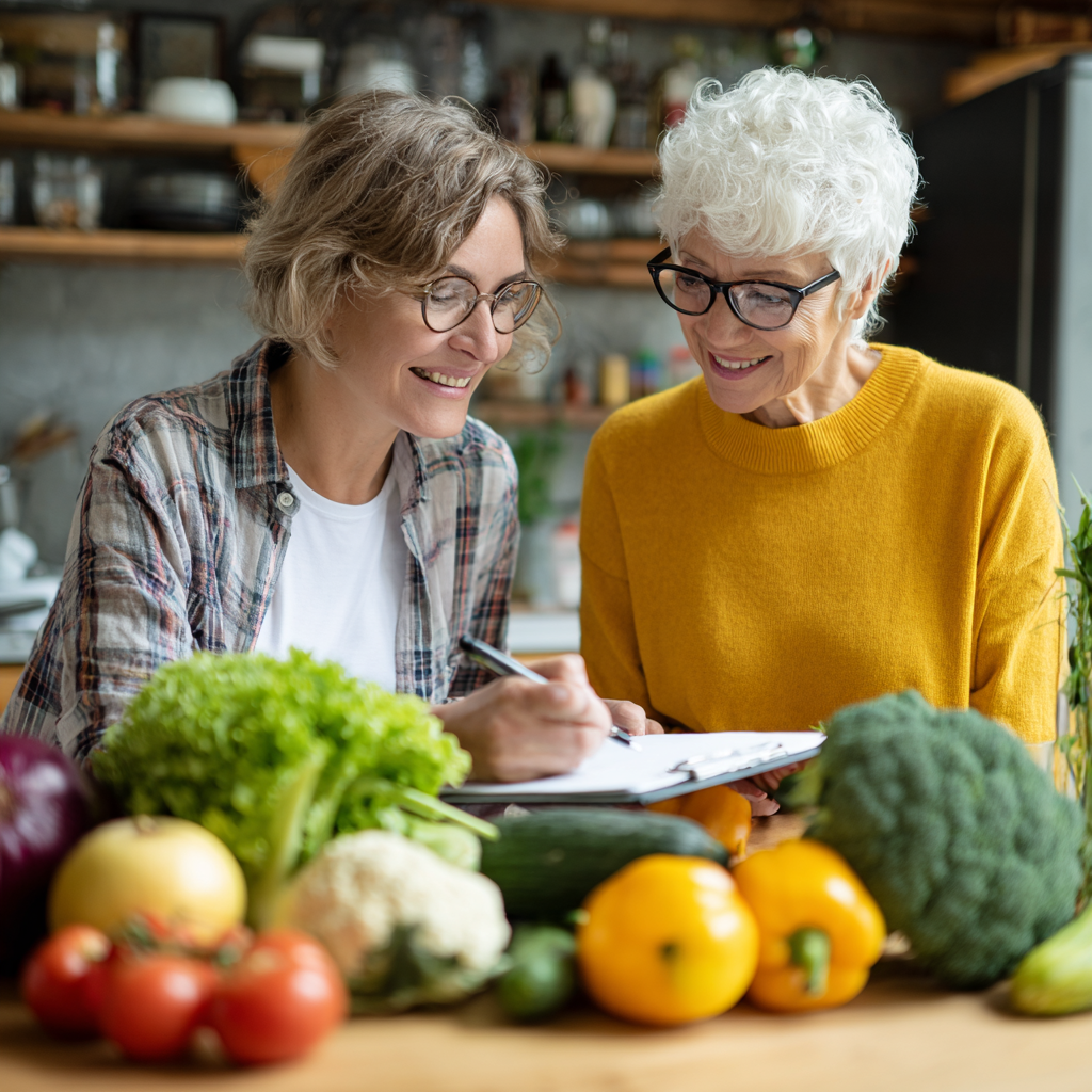 Professional 53 years old nutritionist consulting with middle-aged client about healthy meal planning